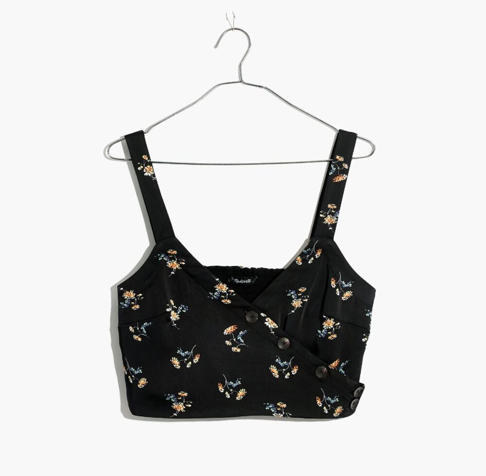 Madewell Black Smocked Crop Top Floral Button Wrap Strap V-Neck Sleeveless 6